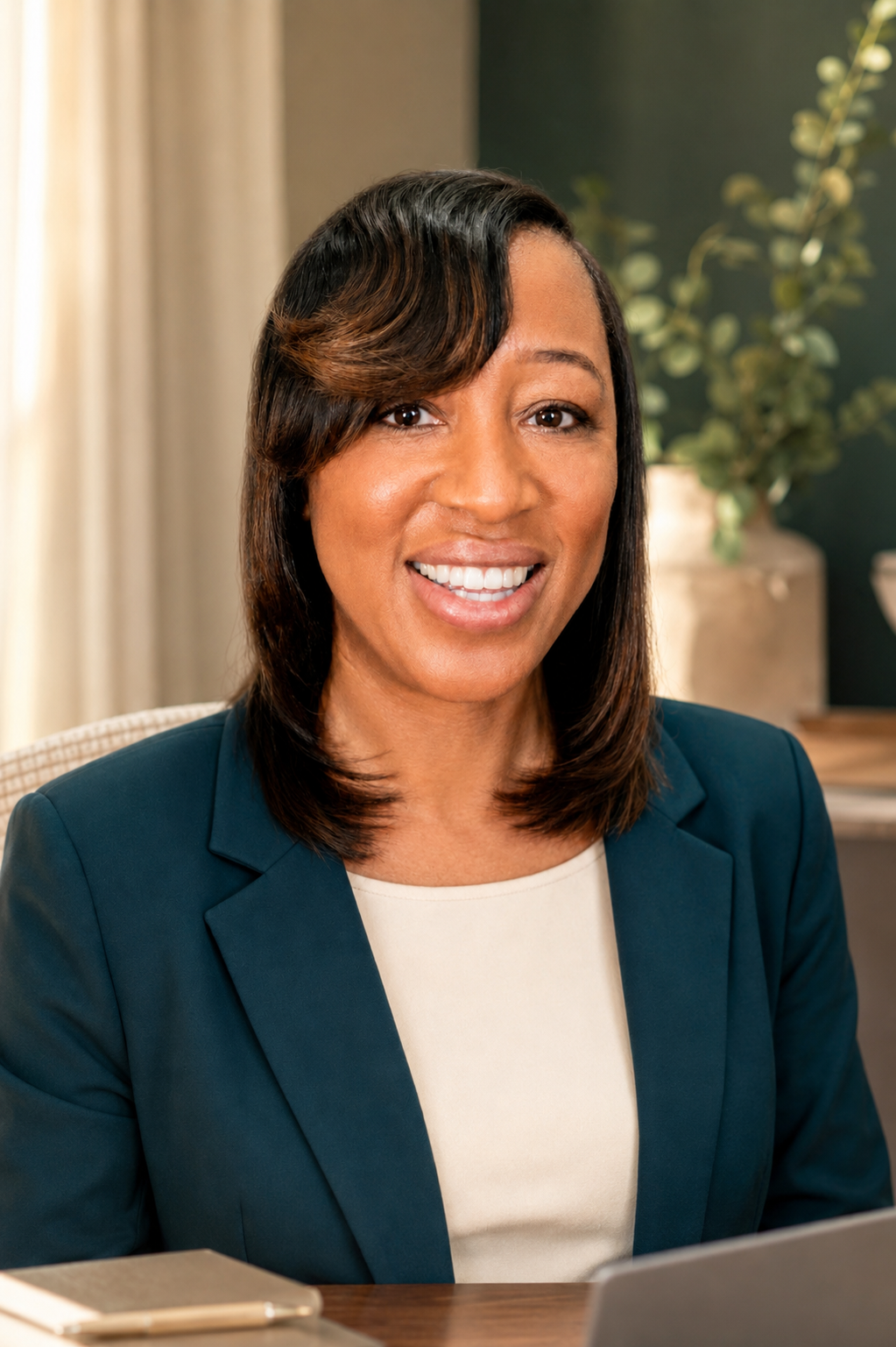 Felisha DeLay smiling in a teal blazer