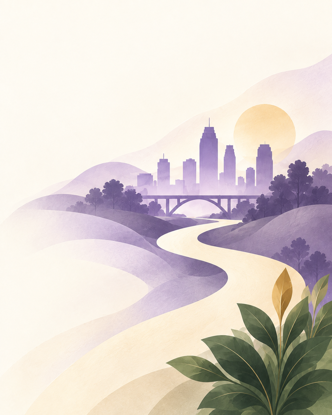 A winding path through lavender hills leading toward the Tulsa skyline and bridge
